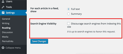 Kiểm tra Cài đặt Search Engine Visibility trong WordPress